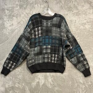 Domani Uomo Sweater Mens L Gray Blue Patchwork Plaid Wool Blend Cosby Grandpa